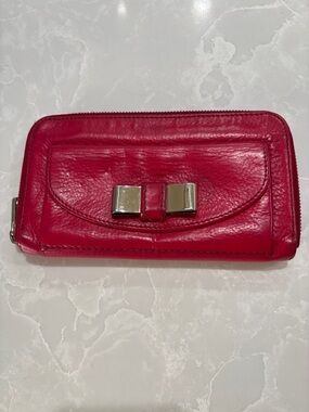 Chloe Red Leather Zip Wallet with Bow Hardware